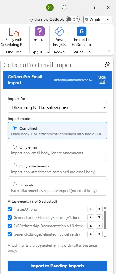 DocuPro Outlook add-in filing an email into the document management system
