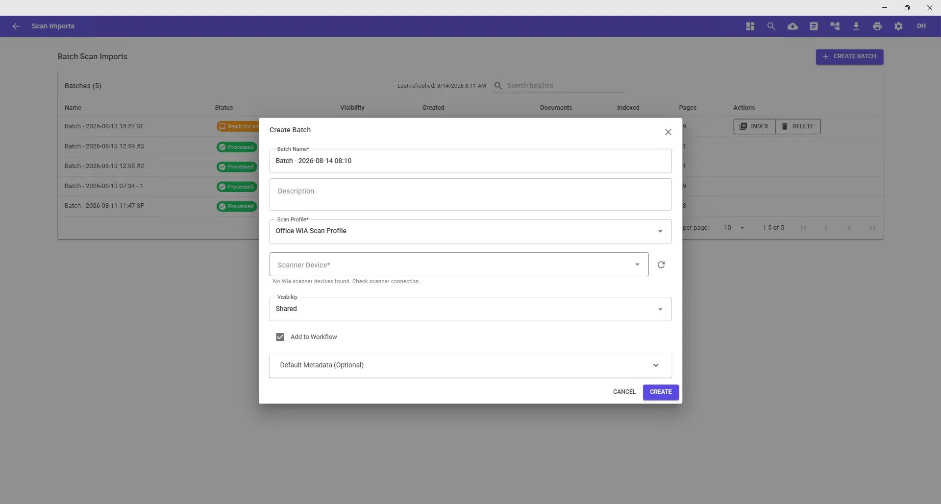 DocuPro Scan Imports screen creating a batch for paperless scanning